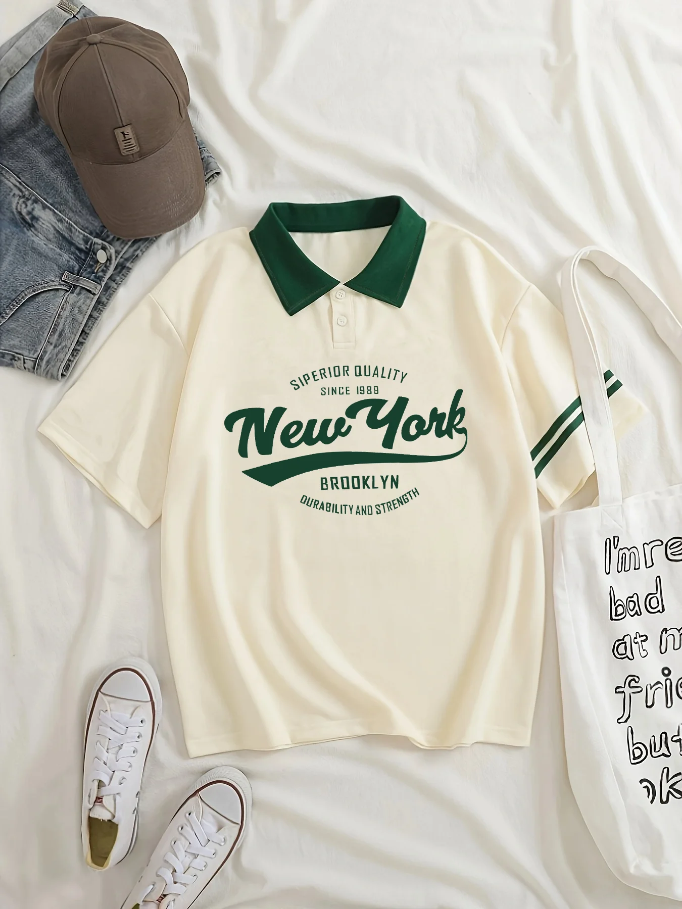 Polo da Golf Casual con grafica a lettera di New York, manica corta Versatile alla moda con strisce di colletto e manica, Streetwear