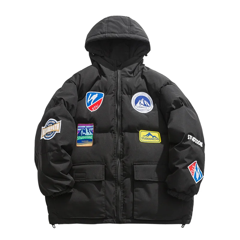 

Winter Parkas Men's Hooded Thickened Coat Streetwear Windproof Warm Loose Jackets Tide Brand Label Puffer