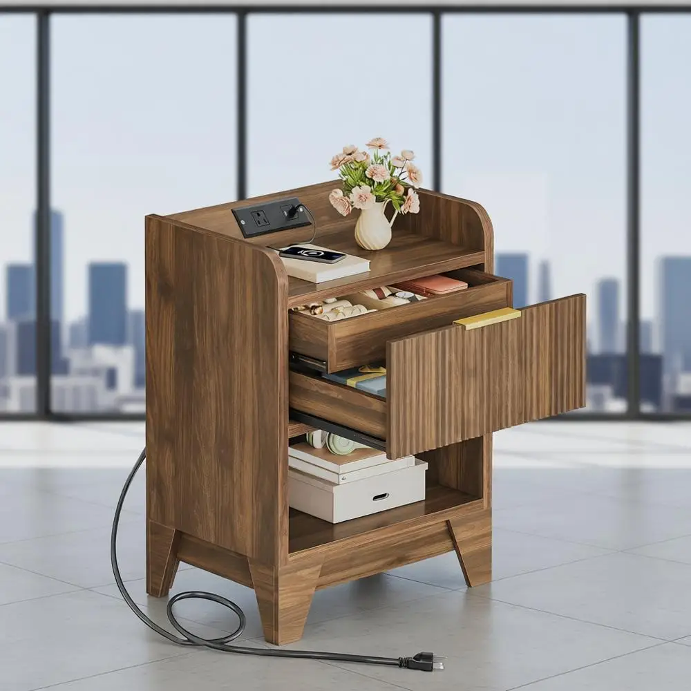 

Fluted Nightstand with Charging Station, End Table with Hidden Drawer, Modern Bedside Table, Wooden Night Stand for Bedroom, Stu