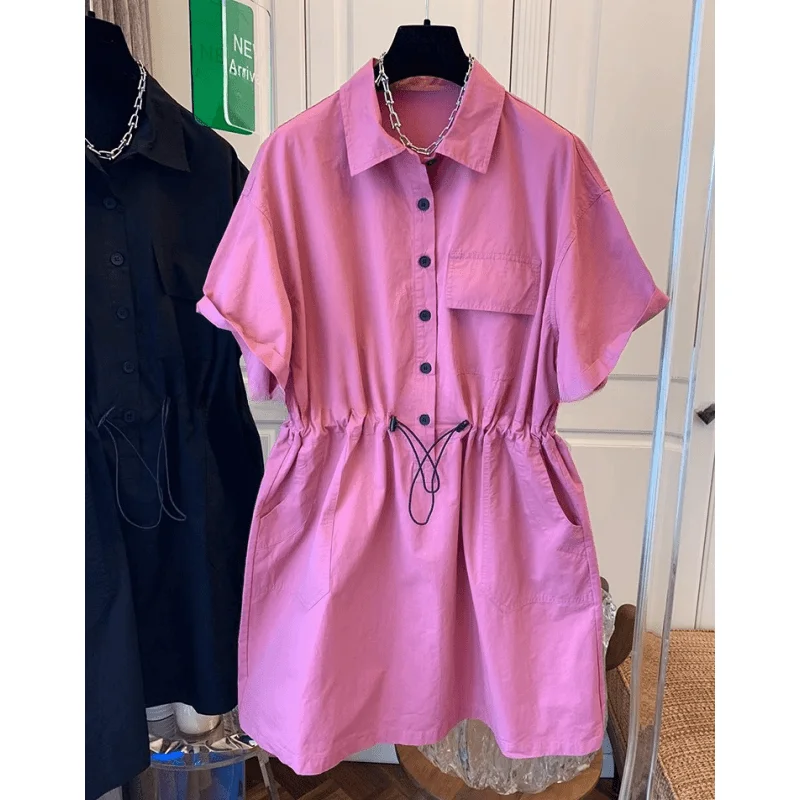 

Female Casual Korean Buttons Solid Color Turn-down Collar Short Sleeve Shirt Dress Summer Simplicity Drawstring Pleated Dress