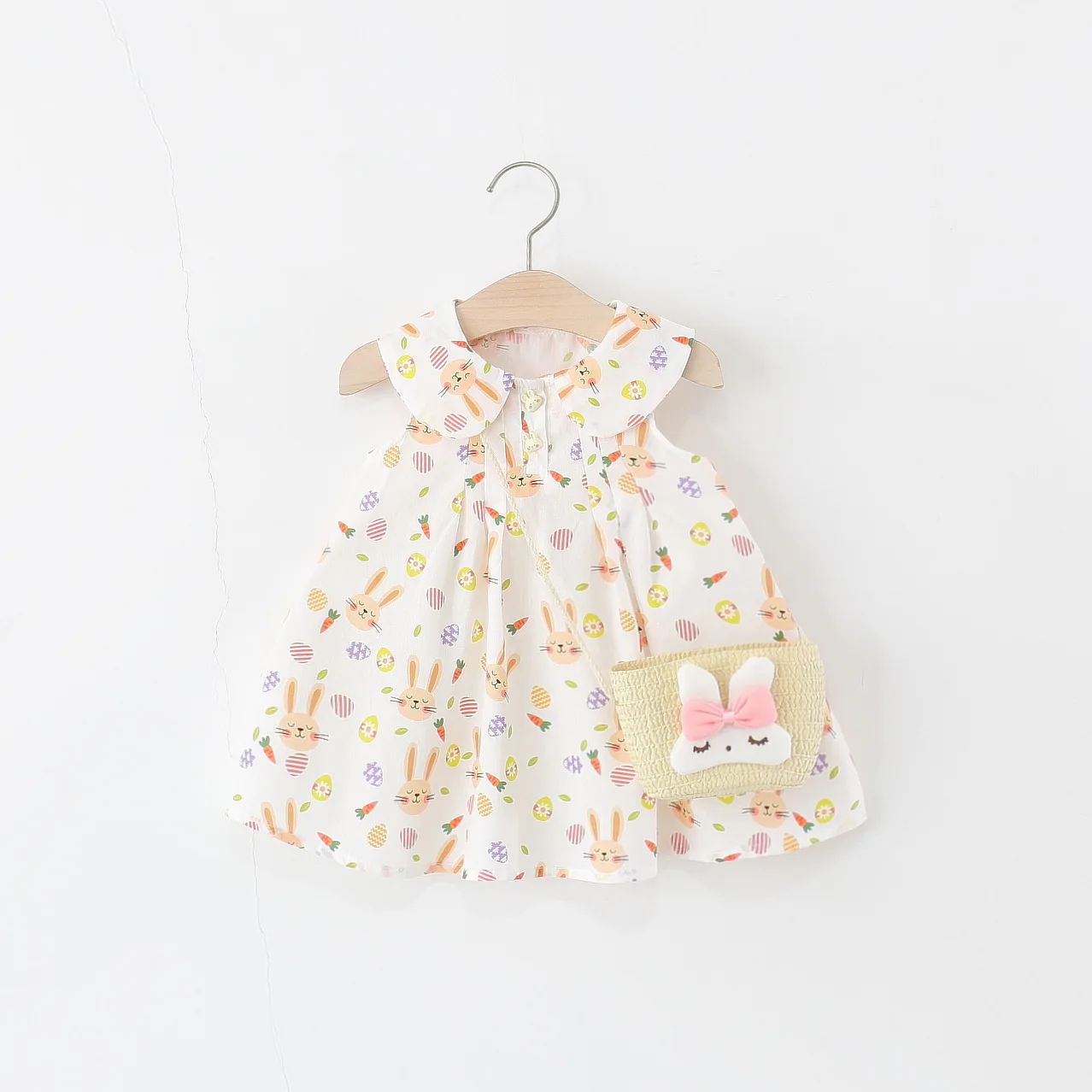 

Summer Baby Girl Dress Cute Cartoon Rabbit Pattern Sleeveless Cotton Dress with Free Bag Girls Casual Outing Clothing