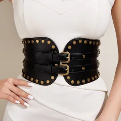 Ceinture large en cuir avec rivet pour femme, ceinture en métal, ceinture ultra large, ceinture corset, nouvelle mode, structure élastique