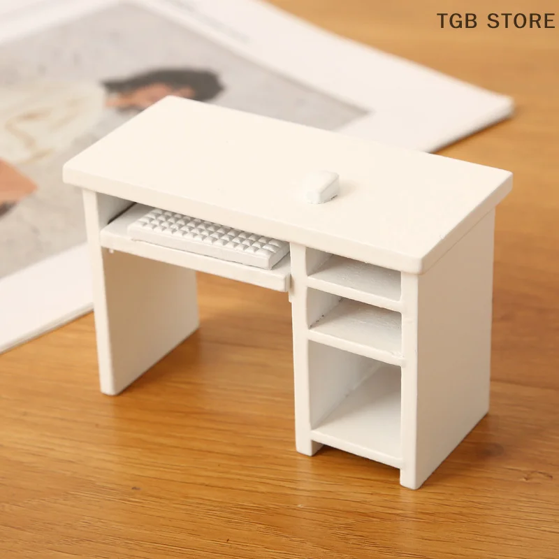 1Set Wooden Computer Desk Mouse Keyboard Set 1/12 Dollhouse Study Furniture Decoration Micro Scene Construction Props