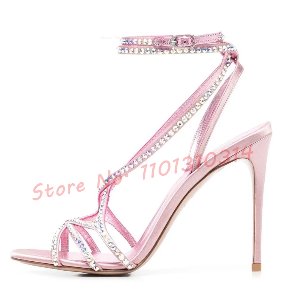 Purple Crystal Cross Heeled Sandals Women New In Luxury Shiny Leather High Heels Shoes Summer Lace-up Ladies Design 2023 Sandals