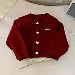 Autumn New Baby Girls Solid Color Knitted Cardigan Sweater Korean College Style Heart Button Top Winter Baby Girl Clothes