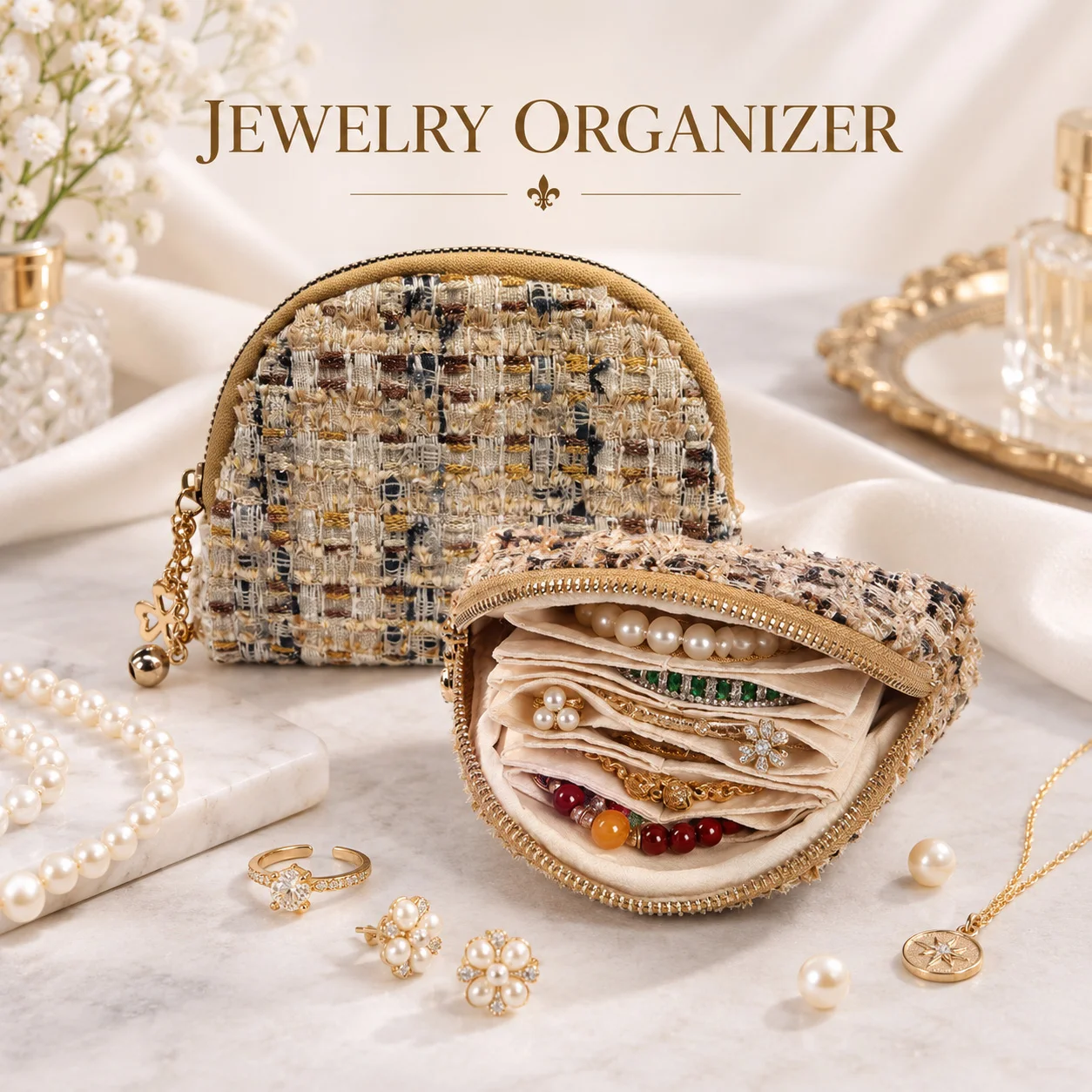 Portable Tweed Jewelry Organizer, Multi-Compartment Travel Pouch for Bracelets, Rings & Necklaces, Makeup and Card Storage