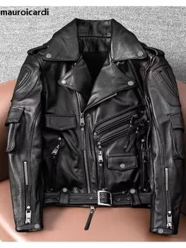 Mauroicardi Spring Autumn Cool Hard Black Pu Leather Motorcycle Biker Jacket Men Belt Zipper Luxury Designer Fashion Clothes 4