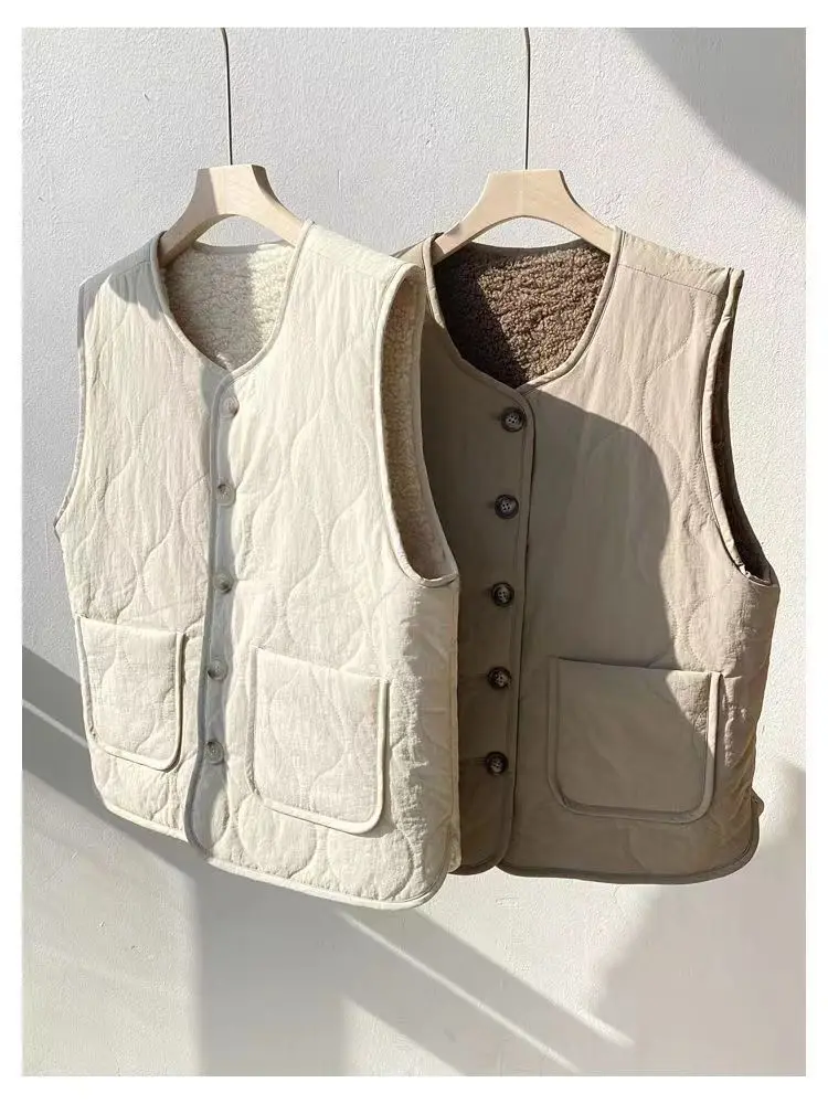 Winer New Fashion Women Warm Cotton Vest Lamb Wool Warm Large Pocket Loose Sleeveless Vest Girl Casual Large Size Waistcoat