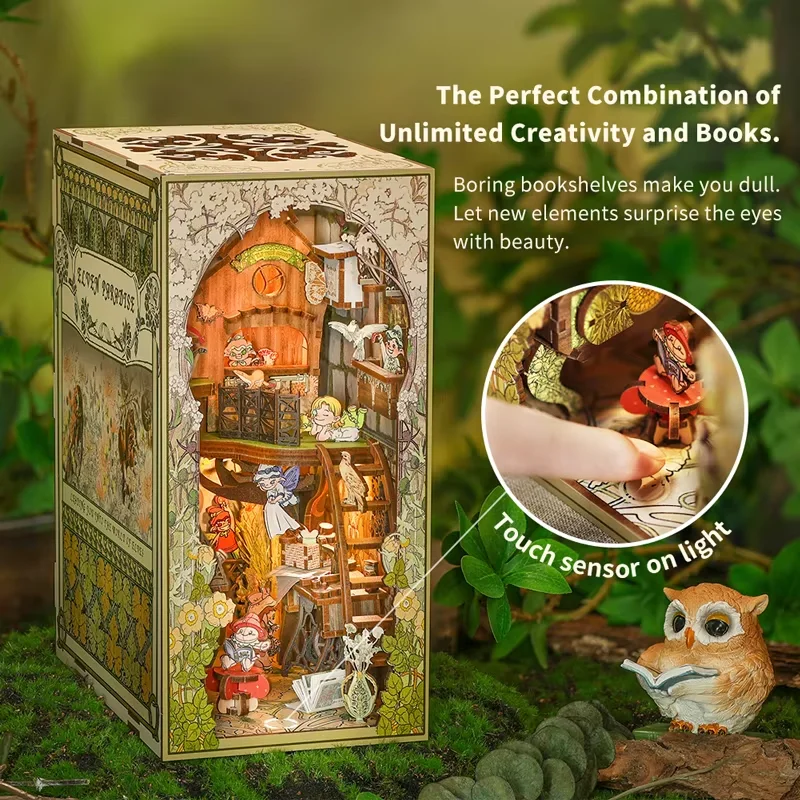 CUTEBEE DIY Gifts Ideas Book Nook Kit Crafts Wooden Doll House Touch Light Elven Paradise Diorama Bookshelf Insert Decor Model