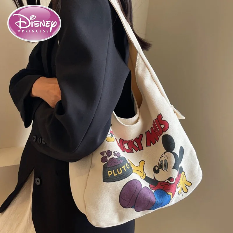 Disney New Mickey Canvas Bag Large Capacity Cartoon Shoulder Bag Student Commuting Versatile Popular Daily Tote Bag