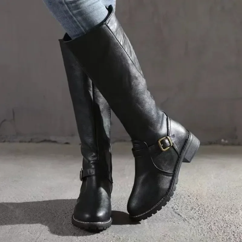 Bottes hautes au-dessus du genou pour femmes, chaussures à plateforme strucplate, Parker rond, talon épais, hiver, nouveau, 2024