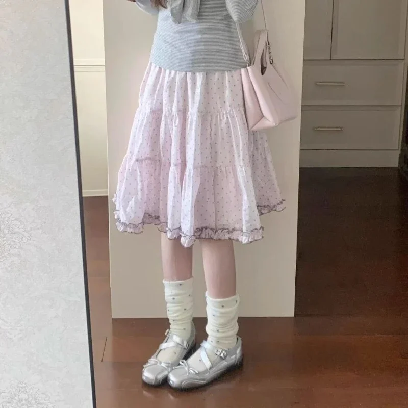 Sweet Ruffle Pink Polka Dot Half Length Skirt for Women Summer New Cute High Waist Slim Skirts Harajuku Chic Puffed Skirt New