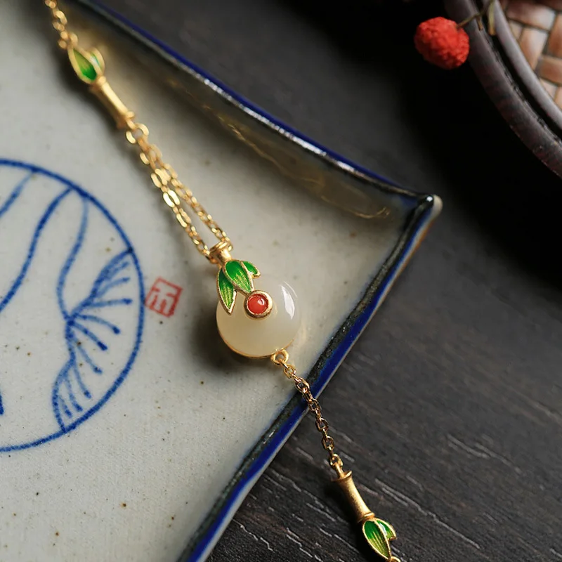 Sam Panda 925 Sterling Silver Chinese Style Retro Hetian Jade Enamel Painting Bracelet For Women Temperament Trendy Jewelry