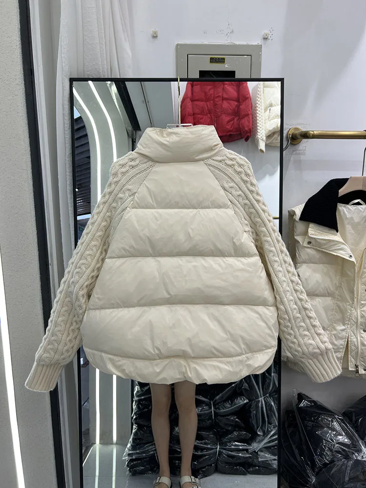 Autumn Winter 2023 New Knitted sleeves Down Jacket Women\'s Thick Warm Fashion Long Sleeve Casual White Duck Down Coat