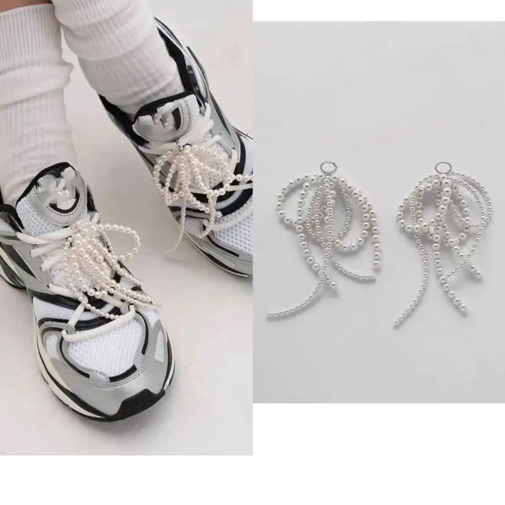 1Pair Bow Shoe Charms Locking Pearl Beaded Pearl Shoes Accessories Man Women Rubber Bands Shoelace Buckle