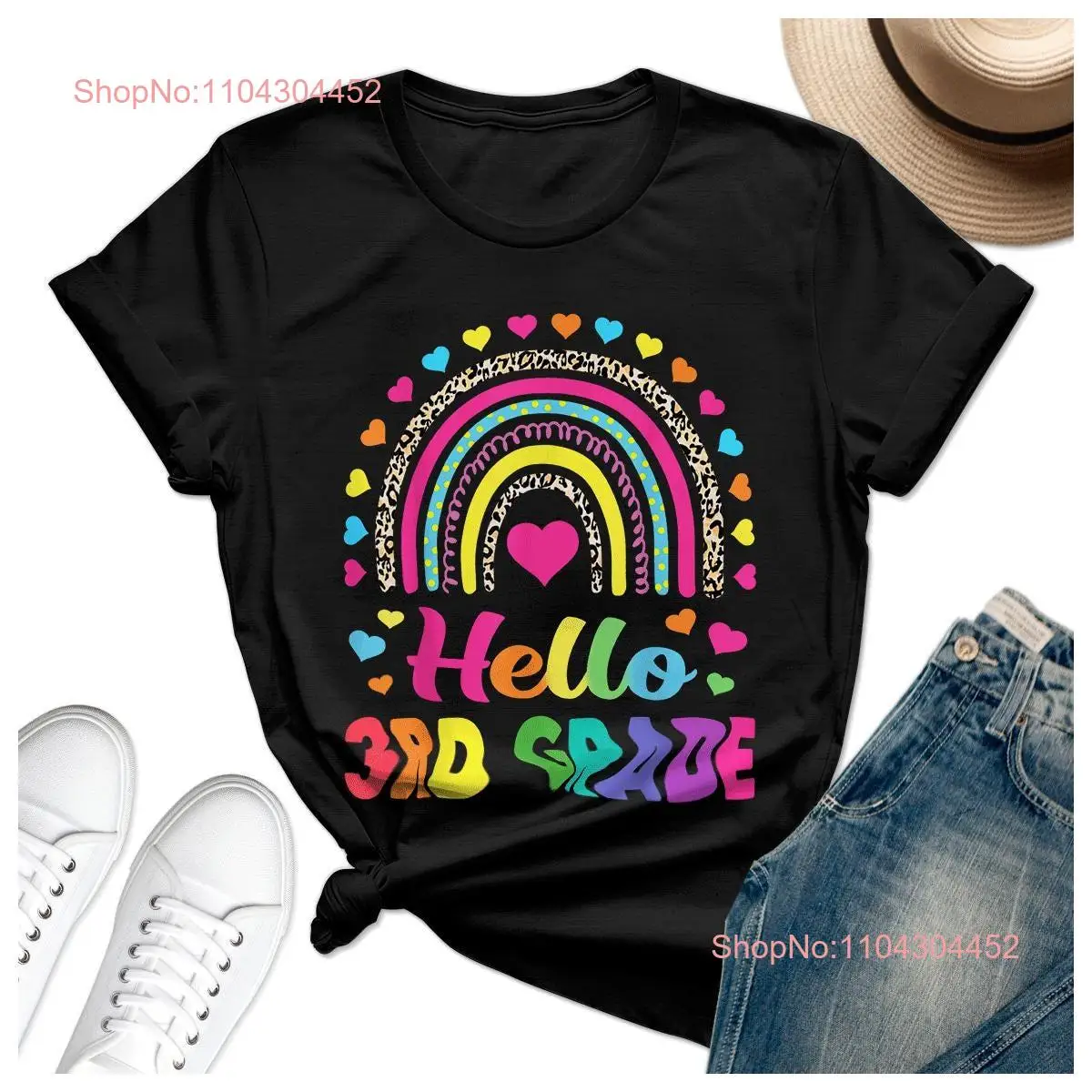 T Shirt Hello 3rd Grade Teacher Leopard Rainbow Back To School Friend Girl Big long or short sleeves