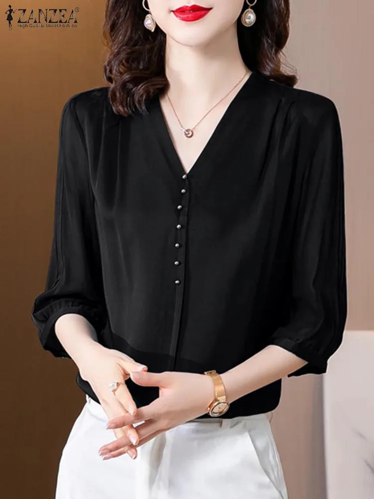 ZANZEA Elegant Satin Blouses Women Casual Everyday 3/4 Sleeve Pleated Shirts 2024 Summer Solid Color V Neck Button Up Tunic Tops