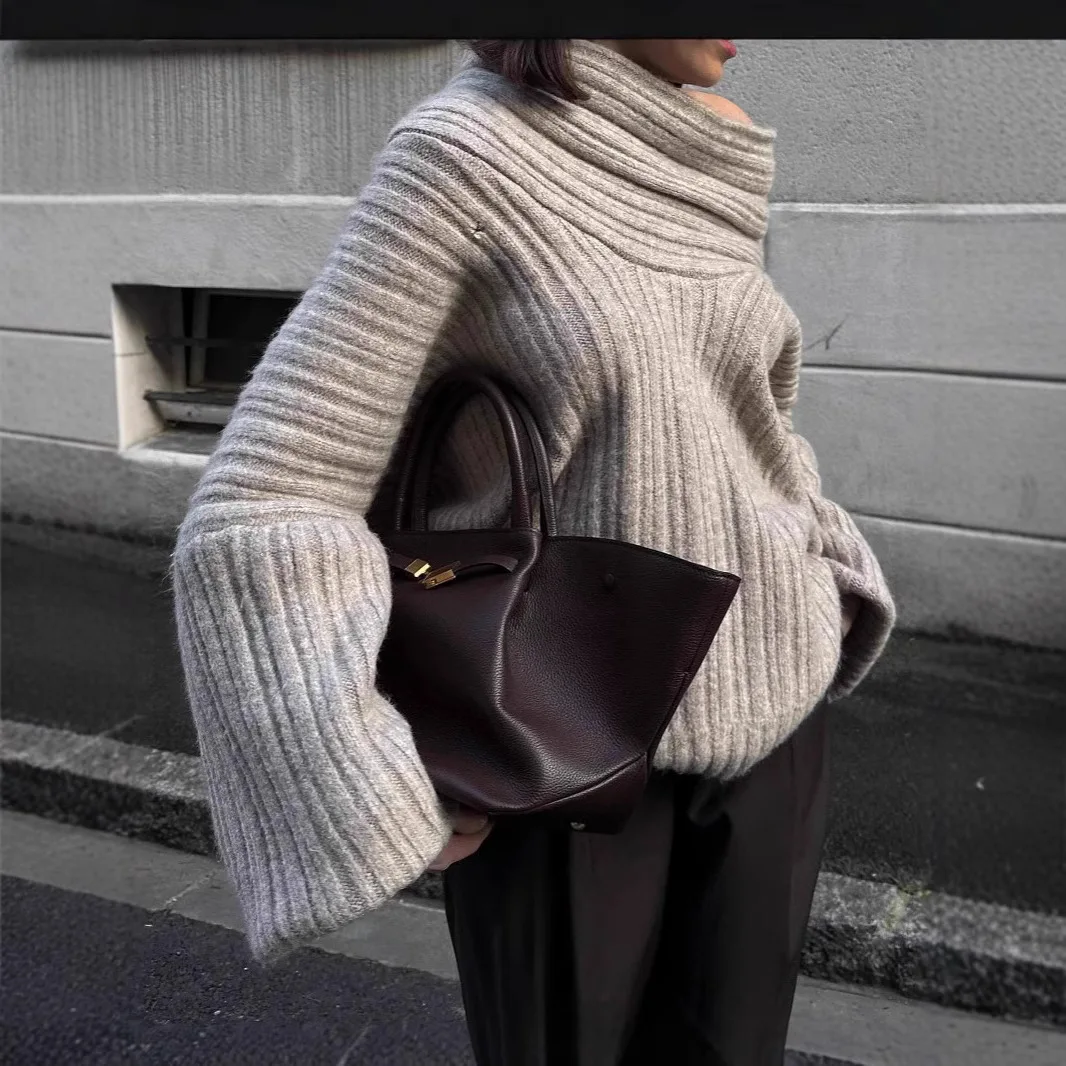 

Off-shoulder Solid Color Knitted Sweater Women Casual Loose Long-sleeved Patch Sweater Slim Fit Fashionable Pullover For Women