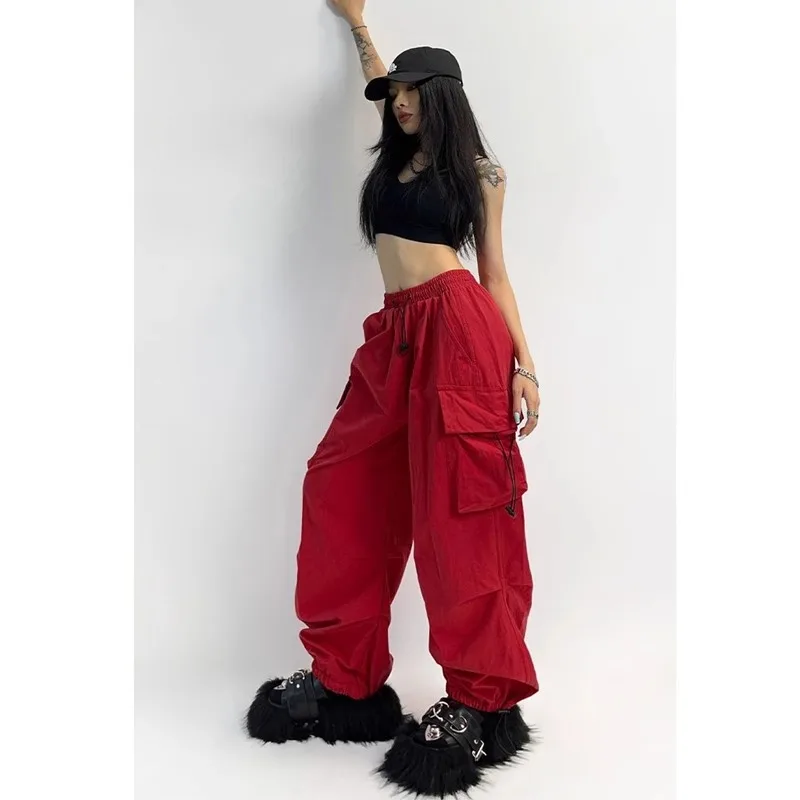 1 Stück Damen-Cargohose | Amerikanischer High-Street-Streetwear-Stil | Kordelzug, hohe Taille, lockere Passform, gerades Bein, weites Bein – Detail 4