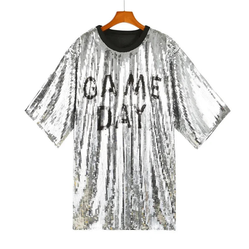 

Новая женская летняя футболка с коротким рукавом, с буквами и пайетками, в уличном стиле, с круглым вырезом, для хип-хопа и ночных клубов, модный прямой топ