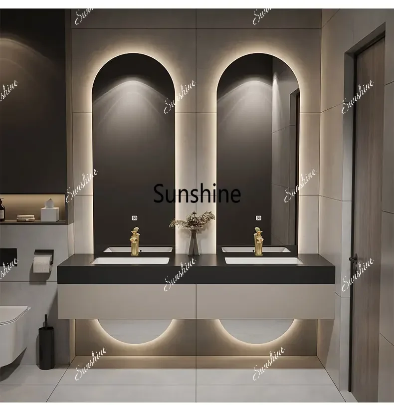 Designer Customized High-end Villa Light Luxury Rock Slab Integrated Basin Bathroom Cabinet Combination Double Mirror Wash