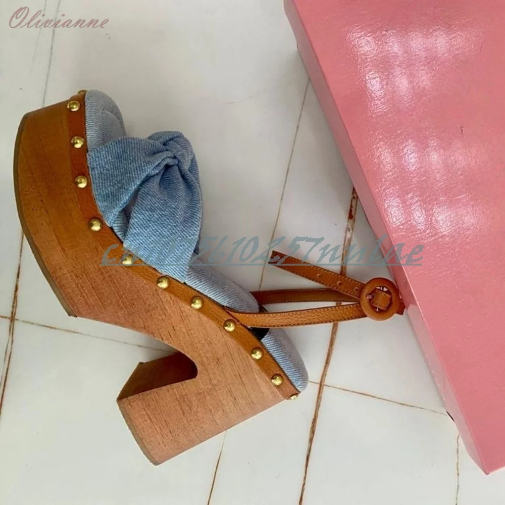 Blauwe denim vlinderknoop decor elegante sandalen dikke hoge hak feestklinknagels decor damesschoenen sexy 2026 zomer hot para mujer