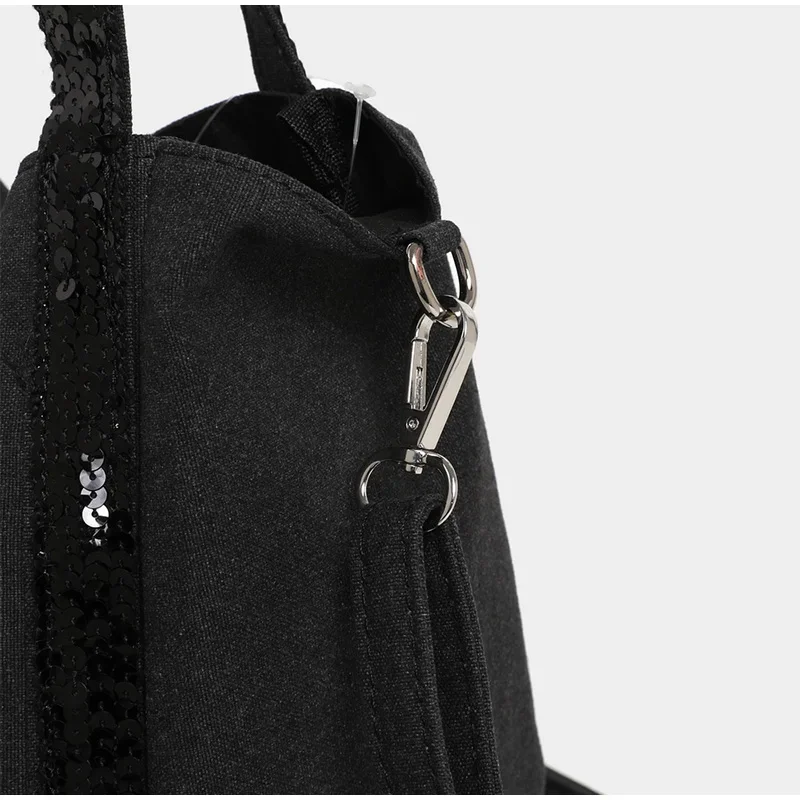 Pailletten-Canvas-Einkaufstasche mit Reißverschluss, große Kapazität, Vintage-Kontrastfarbe, Damen-Umhängetasche, Designer-Pendler-Alltagshandtasche, Schwarz – Detail 19