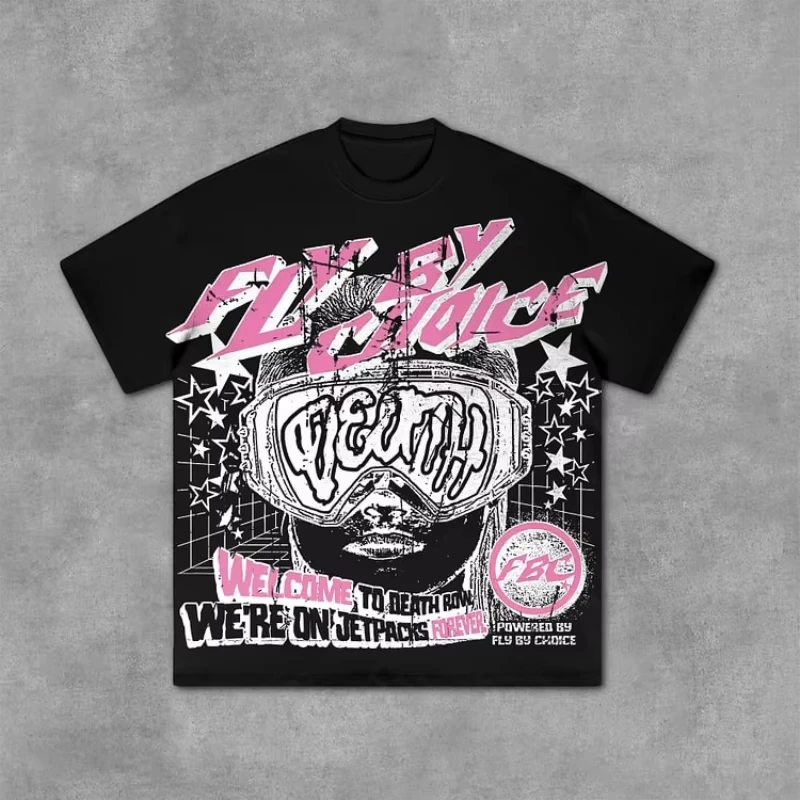 

25Vintage Fly By Choice Death Graphic Cotton Short Sleeve T-Shirt Men Y2K Short Sleeves Tshirt Streetwear Women Tops Pure Cotton