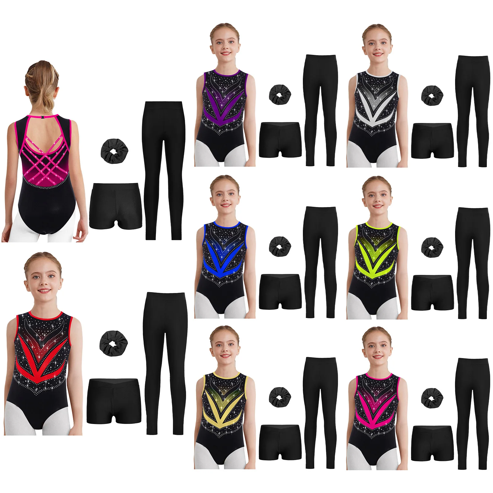 Kinder Mädchen Ballett Gymnastik Sets Sport Eiskunstlauf Tanz Outfit mit Strasssteinen Ärmelloses Trikot und Shorts Leggings