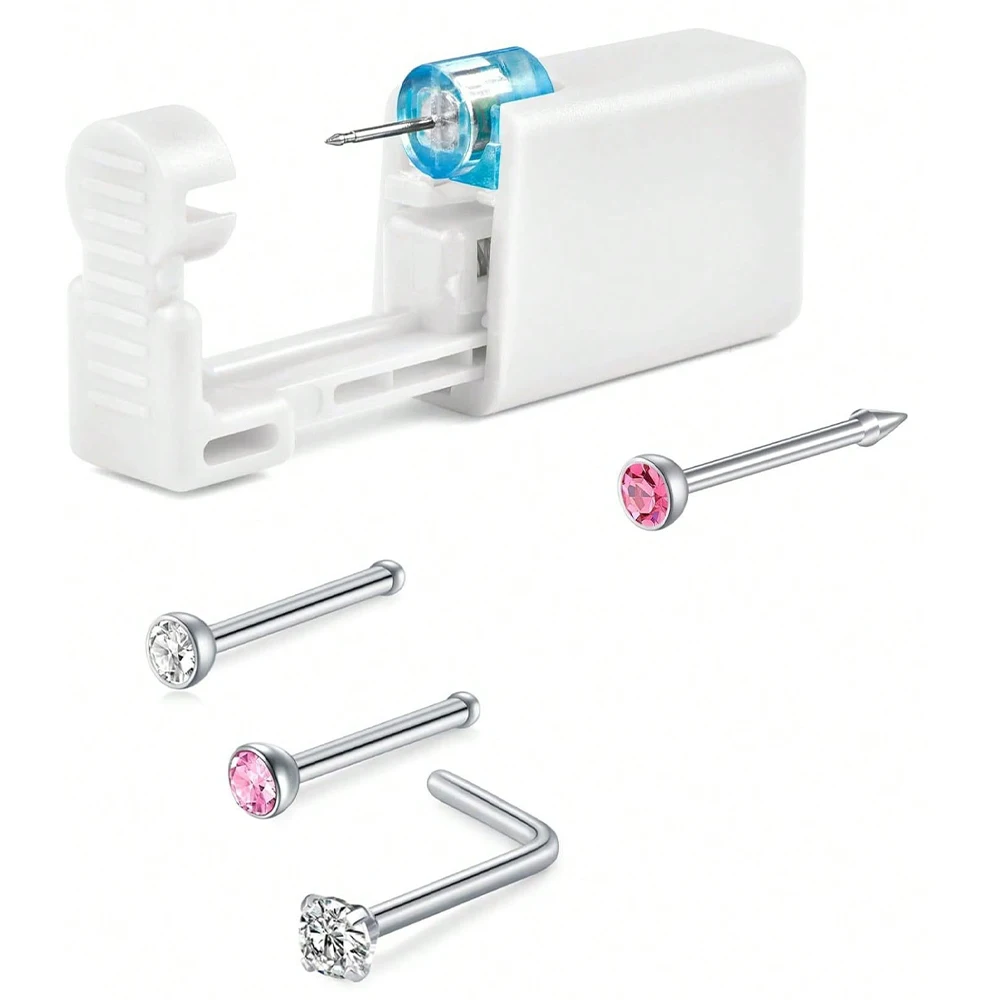 4Pcs Nose Piercing Kit With Nose Stud, 1 Nose Piercing Gun, Disposable Nose Piercing Kit With Straight L-Shape Nose Rings Stud
