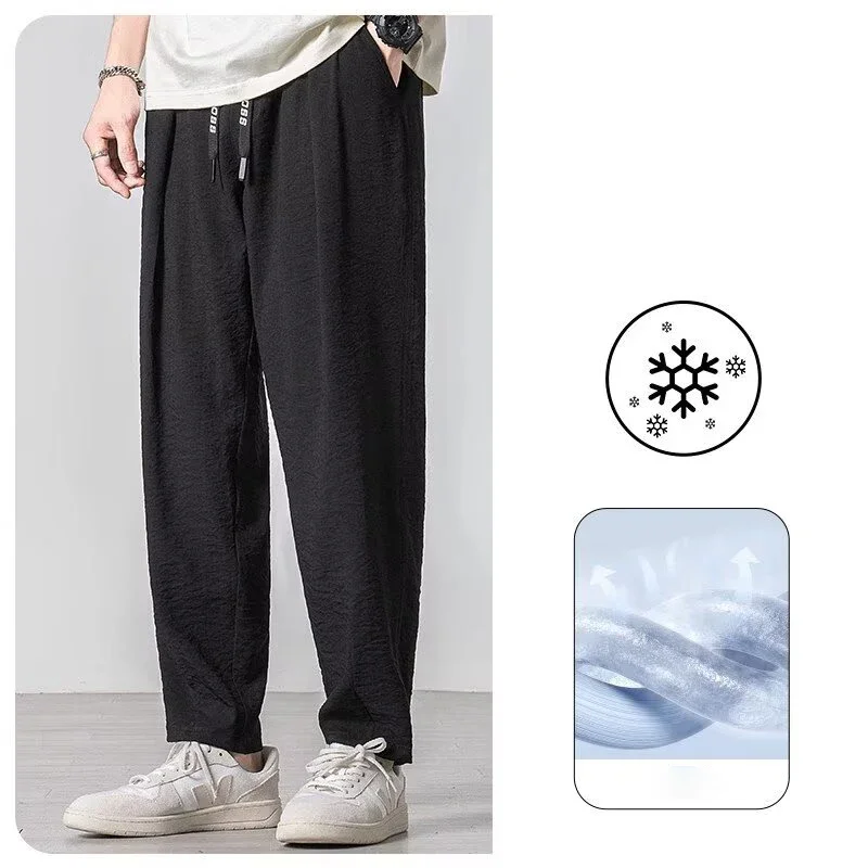 

Summer Men's Ice Silk Pants Breathable Joggers Streetwear Cotton Linen Sweatpants Casual Pants Hawaiian Vacation Loose Trousers