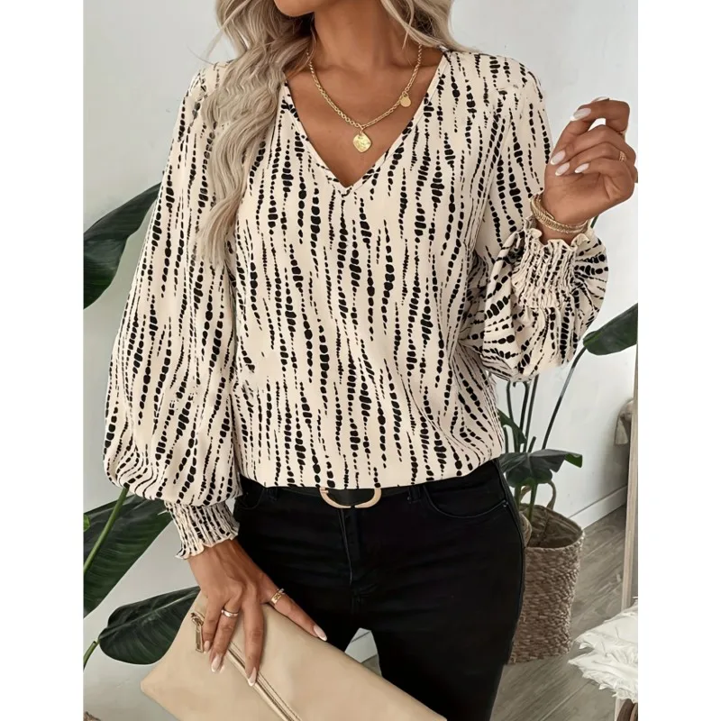 Women's Stripes Printed T-Shirt Summer Fashion V-Neck Long Sleeves Loose Casual Tops Female Streetwear Pullover T Shirts Women