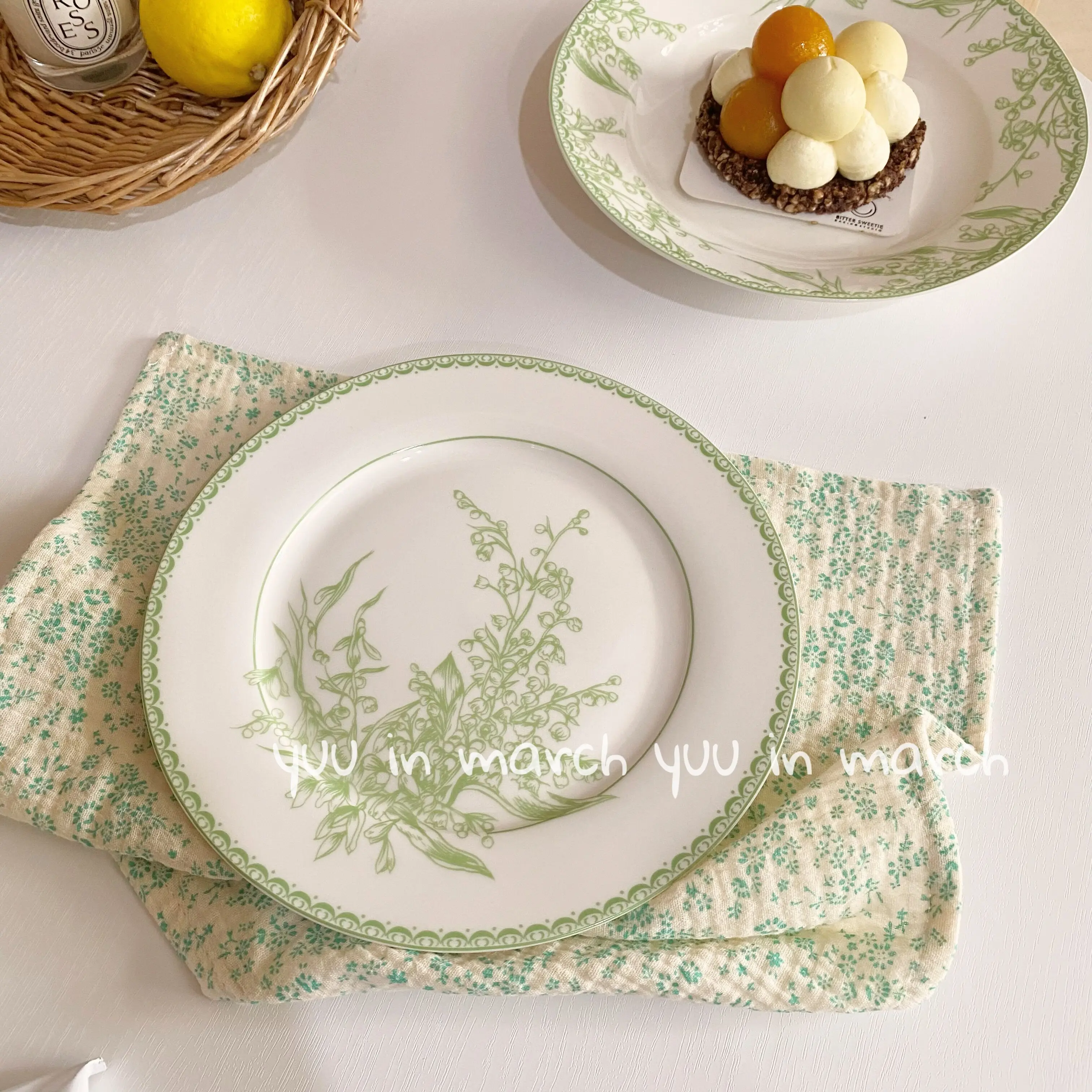 Dining Plates Korea Green Desserts Disk French Flower Retro Style Ceramics Western Cuisine Kitchen Simple Tableware