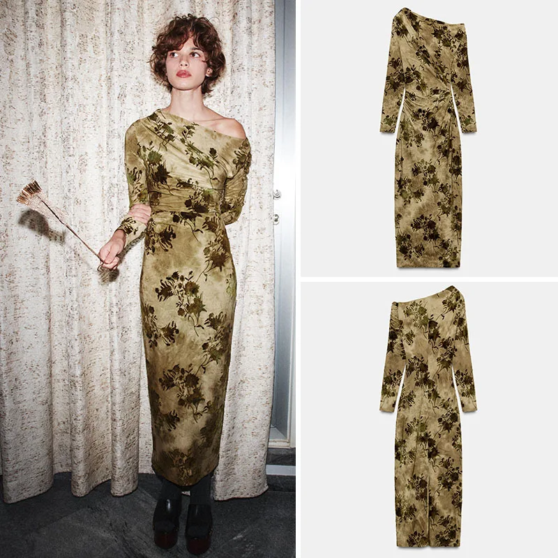 

Romantic Ele New Arrival Women's Dr Velvet Folded Skirt Long Sve Long Dr Daily Wear Floral Pattern Other Material