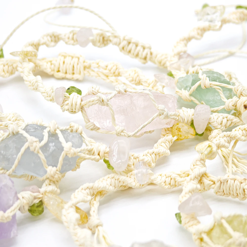 10 Stück verstellbares geflochtenes Kordelnetz, 1 roher Rohstein, Perlenhalter, Seil, Armband, natürlicher Quarzkristall, Heilung, Taschentasche, Armreif – Detail 23