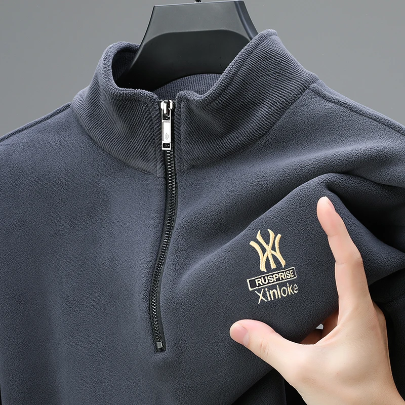

Designer Brand Men's Long-Sleeved T-Shirt Stand Collar Fleece-Lined Thickened Exquisite Embroidery New Winter Leisure Men's Tops