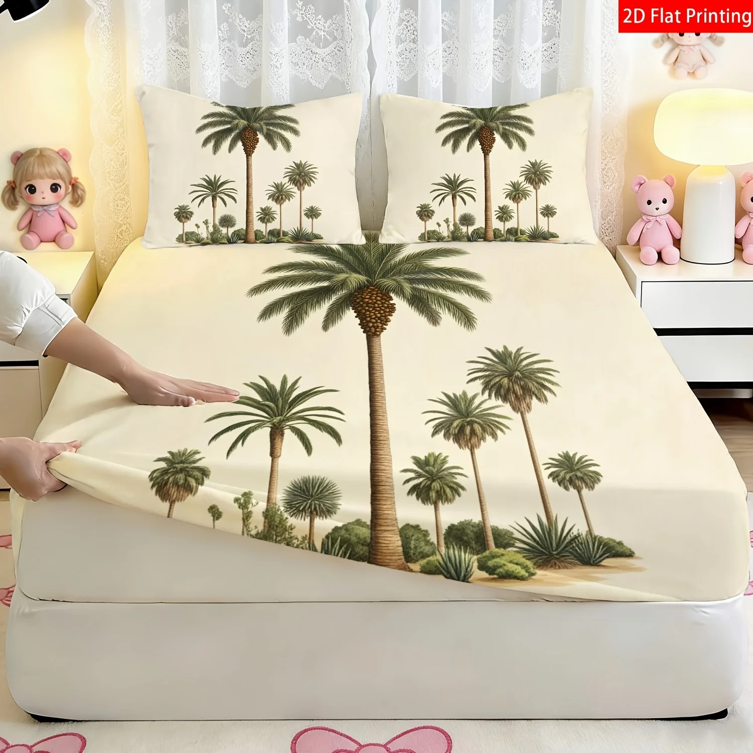 3-Piece Mattress Protector Set, Tropical Palm Print Fitted Sheet Set, Beige and Green Palm Date Print Fitted Sheet and Pillowcase, Mattress Protector, Stain-Resistant, Suitable for All Seasons, Machine Washable, Easy to Care For, Suitable for Home Bedrooms, Essential for Dormitories and Rentals, Master Bedroom and Guest Room Decoration, Dust-Proof and Stain-Resistant, High Elasticity, Fits Various Sizes
