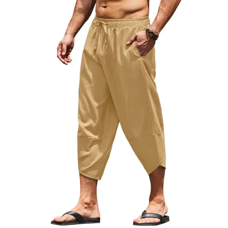 Men Summer Solid Color Capri Pants Harem Shorts Men Elastic Waist Drawstring 3/4 Length Cropped Trousers Baggy Sweatpants