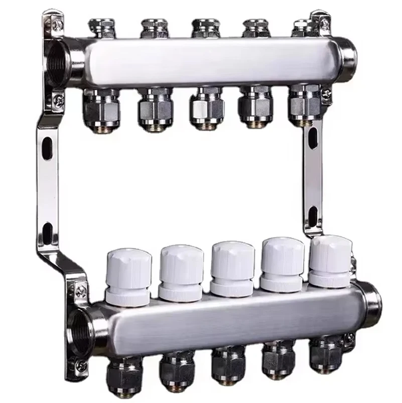 Adjustable stainless steel manifold kit for underfloor heating, including 3/4' x Φ16mm or 3/4' x Φ20mm adapters.