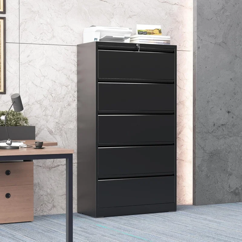 

Black 5-Drawer Lateral Filing Cabinet with Lock, Heavy-Duty Steel Storage Letter/Legal/A4, Home Office Organizer