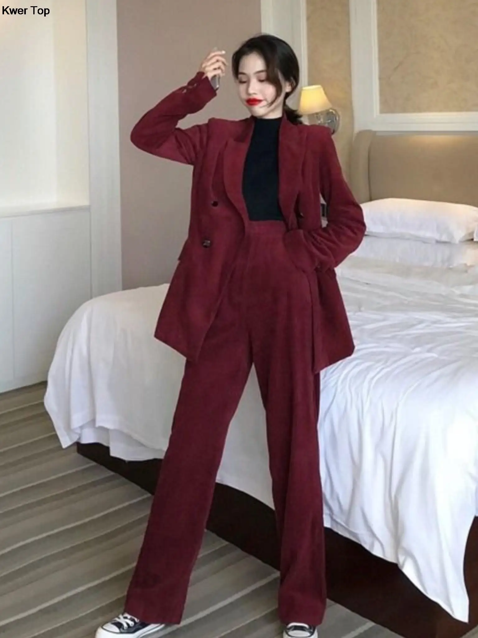 Vintage Corduroy Burgundy Blazer Suits Women\'s Long Sleeve Jacket Wide Leg Pants 2 Piece Set Mini Skirt Outfits Autumn Clothes