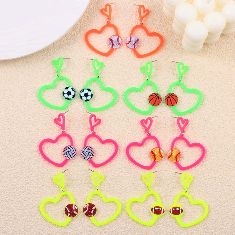 Valentine's Day Sports Style Earrings Fluorescent Hollow Out Heart-shaped Basketball, football, baseball Print Acrylic Earrings