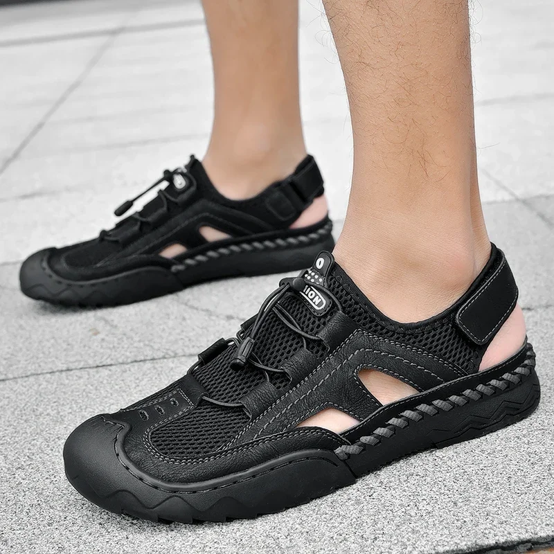 Summer Handmade Cowhide Leather Men Sandals Hiking Breathable Outdoor Casual Lightweight Beach Sandals Fashion Large Size 38-46