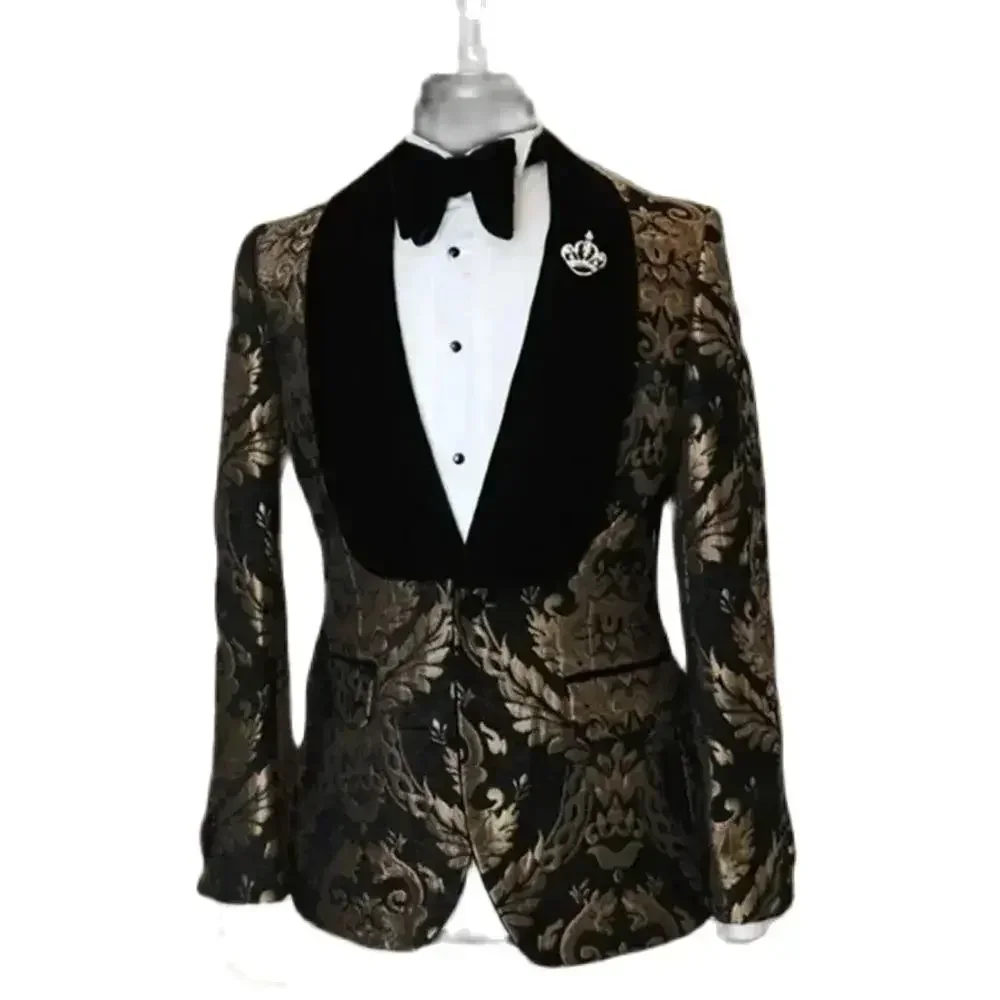 Luxury Gold Jacquard Fabric Men Blazer Black Shawl Lapel Single Breasted Formal One Piece Slim Fit High Quality Jacket