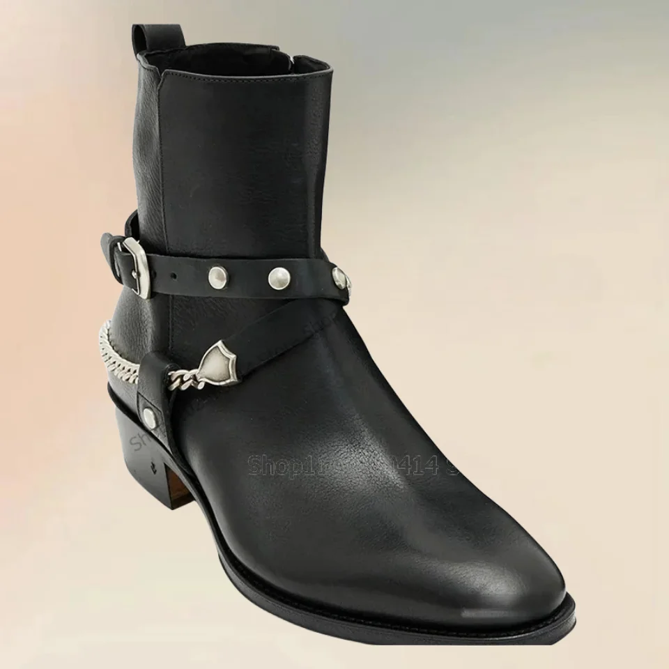 Schwarz Metall kette Gürtel Verschluss Dekor Mitte Wade Stiefel Mode Seite Reiß verschluss Männer Stiefel Luxus handgemachte Party Büro Männer Kleid Schuhe