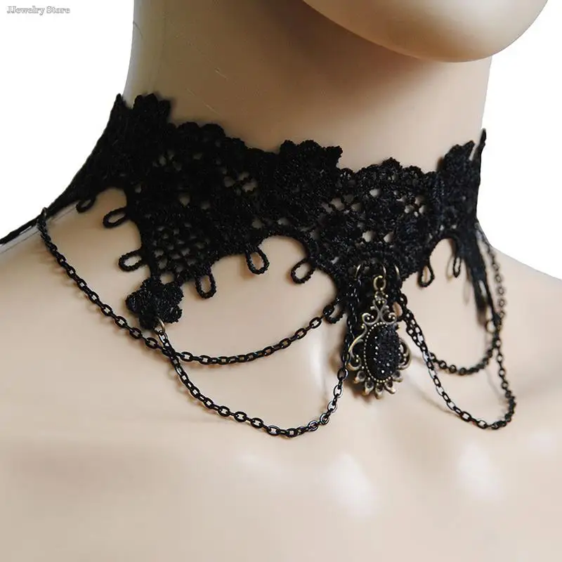 1pc Gothic Chokers Black Lace Flowers Sexy Lace Neck Choker Necklace Vintage Tassel Chain Women Steampunk Halloween Jewelry