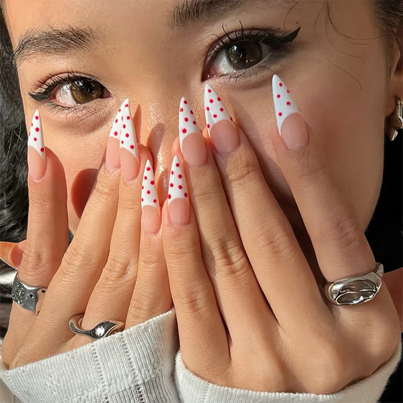 

24PCS Long pointed style False Nails Press on Nails French Polka Dot Design Fake Nails Red White Pattern Wearable Uñas Postizas