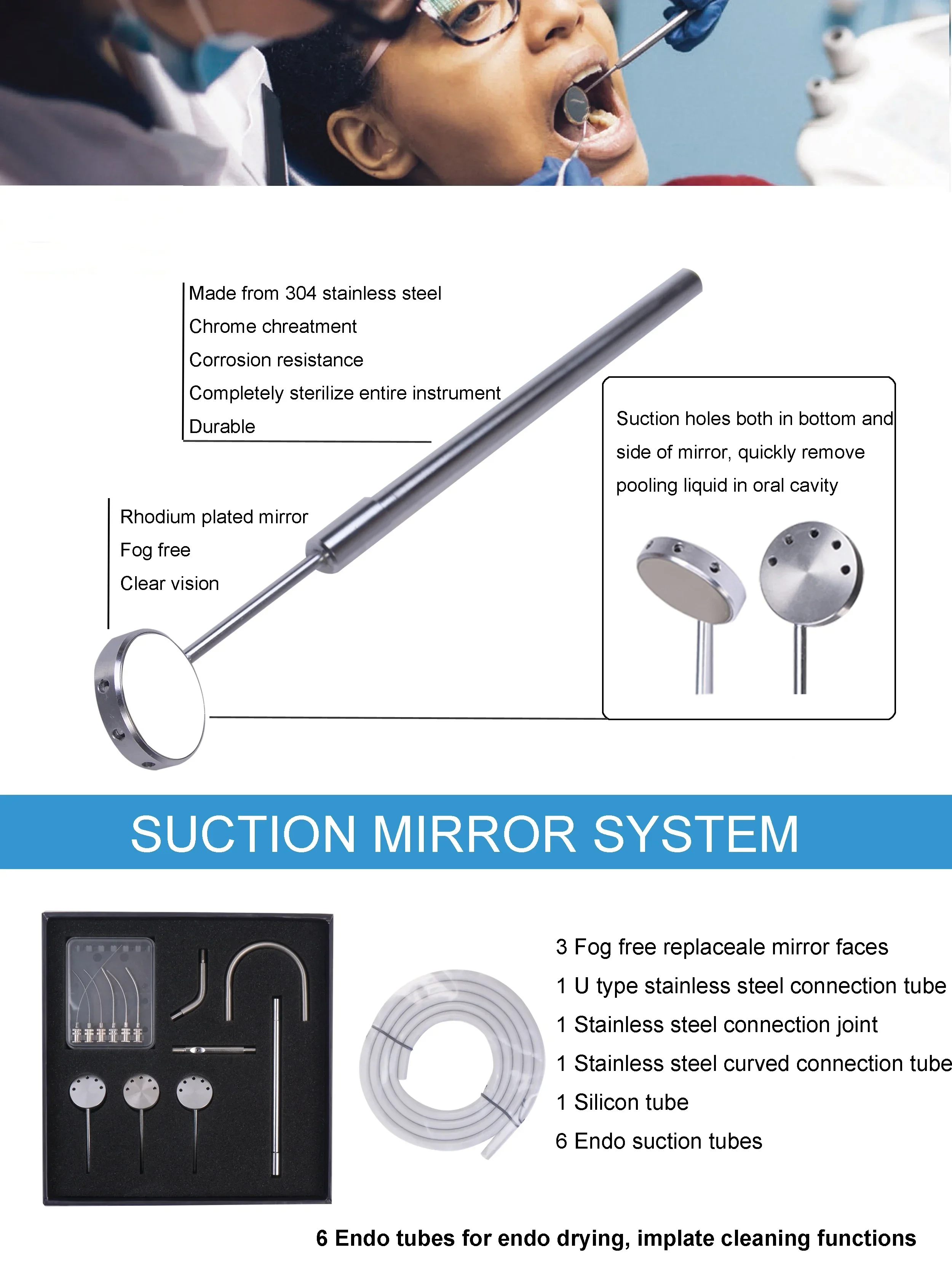 Fog Free Dentals Mirror Stainless Steel Dentals Tool Set Mouth Mirror Dentalss Hygiene Kit Instrument Suction Mirror System