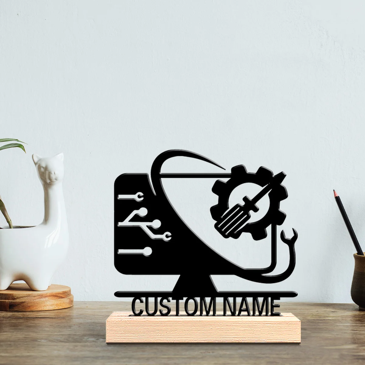 1 قطعة تكنولوجيا مخصصة رومانسية للاتصال العالمي تماثيل معدنية ديكور علمي بقاعدة خشبية، مثالية لـ Cl