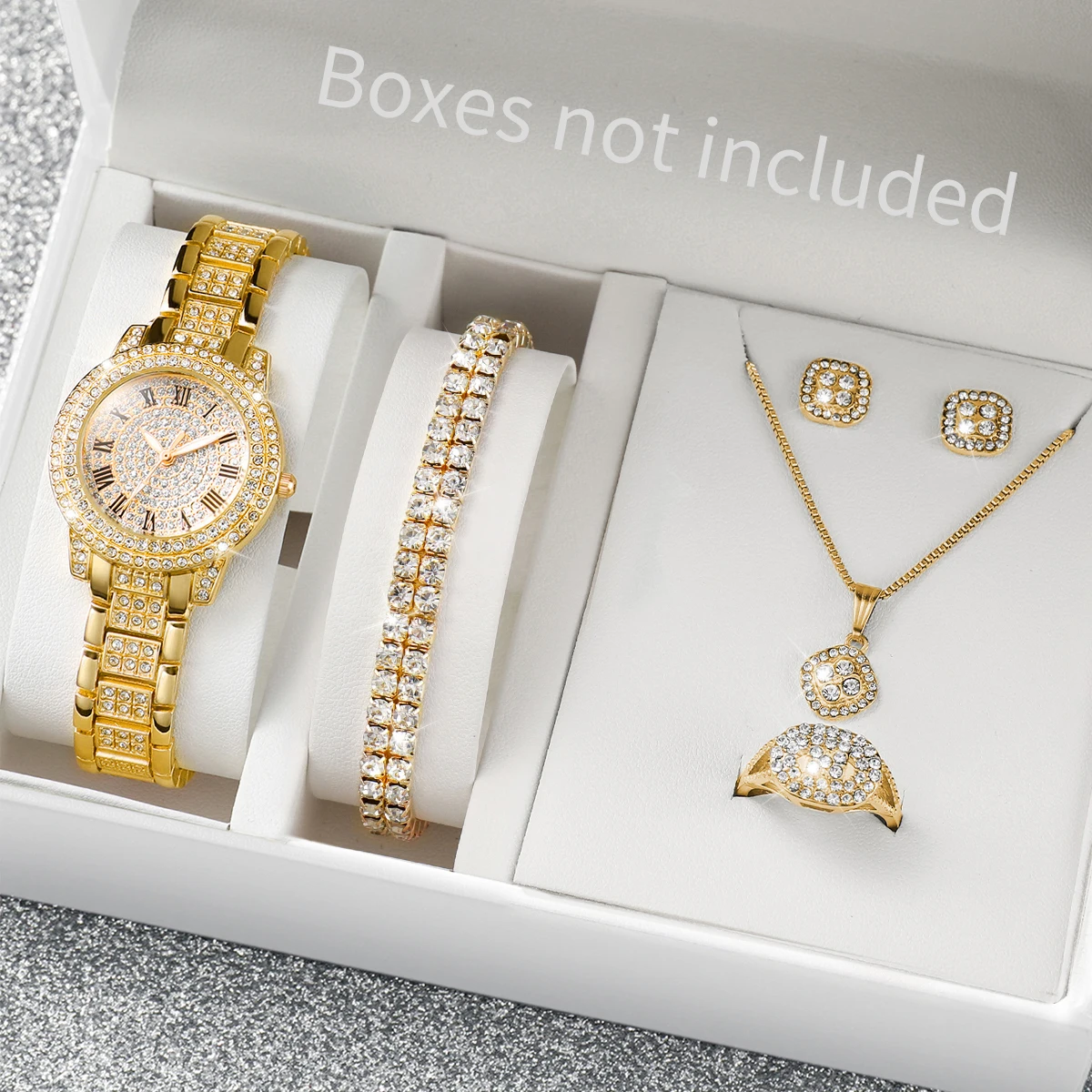 Full diamond silver shell Roman dial women's steel strap watch square rhinestone jewelry five piece set, not including gift box